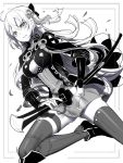  1girl arm_guards bangs boots bow breasts cleavage coat dress eyebrows_visible_through_hair fate/grand_order fate_(series) greyscale hair_between_eyes hair_bow hair_ornament holding holding_sheath holding_sword holding_weapon katana koha-ace large_breasts long_hair monochrome okita_souji_(alter)_(fate) okita_souji_(fate)_(all) open_clothes open_coat parted_lips ready_to_draw ririko_(zhuoyandesailaer) sheath smile solo sword tassel thigh-highs very_long_hair weapon 