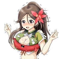  1girl :o amagi_(kantai_collection) blush breast_squeeze breasts brown_eyes brown_hair cleavage clenched_hand enemy_lifebuoy_(kantai_collection) flower hair_flower hair_ornament highres kantai_collection long_hair long_skirt open_mouth ponytail red_flower skirt tears tk8d32 upper_body v_arms 