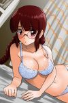  1girl :o arm_support artist_name bangs blue_bra blue_panties blunt_bangs blush bra braid breasts brown_eyes brown_hair cleavage clenched_hand collarbone curtains dated dutch_angle eyebrows_visible_through_hair glasses lace lace-trimmed_bra long_hair looking_at_viewer lying matsui_yasutsugu medium_breasts navel on_bed on_side original panties parted_lips round_eyewear signature solo twin_braids twintails underwear 