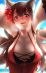  1girl akagi_(azur_lane) animal_ears azur_lane beach bikini black_hair black_scrunchie blush breasts cleavage collarbone commentary_request day eyebrows_visible_through_hair eyeliner flower fox_ears fox_tail hair_flower hair_ornament head_tilt heavy_breathing highres kitsune large_breasts leaning_forward lips long_hair looking_at_viewer makeup mochitsu_jou multiple_tails nose_blush open_mouth outdoors pov red_bikini red_eyes sarong scrunchie signature sky solo sweat swimsuit tail water wrist_scrunchie 