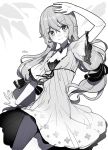  1girl arm_up bangs blush bow breasts cleavage closed_mouth dress eyebrows_visible_through_hair floral_print greyscale hair_between_eyes hair_bow long_hair low_twintails monochrome original print_dress ririko_(zhuoyandesailaer) short_sleeves small_breasts smile solo twintails very_long_hair white_background wide_sleeves 