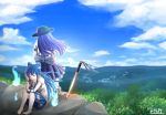  2girls artist_name bangs barefoot blue_hair blue_skirt blue_sky boots bracelet closed_eyes clouds commentary_request day debt dress elbow_on_knee facing_away food forest frilled_skirt frills from_behind fruit grey_hoodie hair_blowing hand_in_hair hand_on_own_knee hat highres hinanawi_tenshi hitodama hood hood_down jewelry layered_dress leaf long_hair mountain mountainous_horizon multiple_girls nature outdoors peach planted_sword planted_weapon puffy_short_sleeves puffy_sleeves scenery short_sleeves sitting skirt sky smile standing stuffed_animal stuffed_cat stuffed_toy sword sword_of_hisou torinosuke touhou very_long_hair weapon wind yorigami_shion 