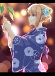  1girl ahoge alternate_costume aqua_eyes arms_up artoria_pendragon_(all) bamboo bangs blonde_hair blurry bokeh braid commentary_request depth_of_field eyebrows_visible_through_hair fate/grand_order fate_(series) floral_print flower from_side hair_between_eyes hair_flower hair_ornament hair_up japanese_clothes kimono lens_flare letterboxed looking_to_the_side morning_glory saber shunichi smile solo tanabata tanzaku upper_body yukata 