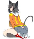  1girl animal_ears ass ass_cutout black_hair blue_eyes breasts butt_crack cat cat_ears cat_tail glasses highres hood hoodie impossible_clothes masao original shorts solo tail tail_cutout 