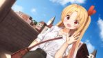  1girl :d ame. azur_lane bag bangs black_skirt blonde_hair blue_sky blush brick_wall building cleveland_(azur_lane) clouds collarbone collared_shirt commentary_request day dress_shirt dutch_angle eyebrows_visible_through_hair hair_between_eyes hand_up handbag long_hair looking_at_viewer one_side_up open_mouth outdoors parted_bangs red_eyes shirt shoulder_bag skirt sky smile solo very_long_hair white_shirt 