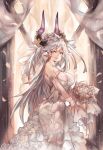  1girl absurdres bangs bare_shoulders bouquet breasts bridal_veil bride criss-cross_halter draph dress earrings elbow_gloves fang flower frills gloves granblue_fantasy grey_hair hair_between_eyes hair_flower hair_ornament hair_ribbon halterneck highres horns jewelry large_breasts long_hair looking_at_viewer looking_to_the_side mi_bait petals red_eyes ribbon rose smile solo thalatha_(granblue_fantasy) veil very_long_hair wedding wedding_dress white_dress white_flower white_gloves white_ribbon 