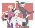  3boys alternate_hairstyle antonio_salieri_(fate/grand_order) blonde_hair braid charles_henri_sanson_(fate/grand_order) chinese_clothes commentary commentary_request fate/grand_order fate_(series) gloves hat kneeling long_hair long_sleeves male_focus mocollie multiple_boys pose red_background red_gloves silver_hair simple_background single_braid white_hair wolfgang_amadeus_mozart_(fate/grand_order) 