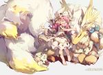  1girl animal bangs barefoot closed_eyes cotton_(p&amp;d) dragon dress drill_hair hat hug long_hair monster multiple_tails open_mouth pink_hair puzzle_&amp;_dragons short_sleeves smile tail tennohi wings 