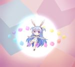  1girl animal_ears blue_hair blush chibi cube danmaku detached_sleeves dress eyebrows_visible_through_hair eyes_visible_through_hair frr_(akf-hs) hair_bobbles hair_ornament highres long_hair looking_at_viewer noah_(rabi_ribi) outstretched_arms rabbit_ears rabi-ribi smile solo spread_arms two_side_up very_long_hair violet_eyes 