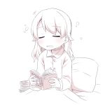  1girl bangs bed_sheet book closed_eyes collared_shirt eyebrows_visible_through_hair facing_viewer holding holding_book idolmaster idolmaster_cinderella_girls long_hair long_sleeves monochrome morikubo_nono open_book pajamas parted_lips pillow sepia shirt simple_background sitting sleepy solo under_covers ushi white_background 