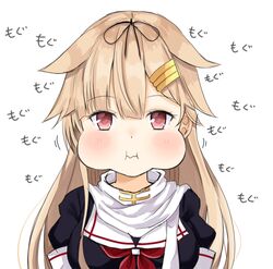  1girl :i bangs black_ribbon black_shirt blush breasts chewing closed_mouth eating eyebrows_visible_through_hair hair_between_eyes hair_flaps hair_ornament hair_ribbon hairclip kantai_collection light_brown_hair long_hair looking_at_viewer medium_breasts neckerchief noeru_(gt17854) puffed_cheeks puffy_short_sleeves puffy_sleeves red_eyes red_neckwear remodel_(kantai_collection) ribbon sailor_collar scarf school_uniform serafuku shirt short_sleeves simple_background solo translated very_long_hair wavy_mouth white_background white_sailor_collar white_scarf yuudachi_(kantai_collection) 