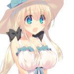  1girl bangs bare_shoulders black_ribbon blonde_hair blue_eyes blush bow breasts cleavage dress hair_between_eyes hair_ribbon hat large_breasts long_hair low_twintails mutsuno_hekisa open_mouth original ribbon solo twintails 