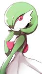  1girl absurdres closed_mouth commentary_request from_side gardevoir gen_3_pokemon hand_to_own_mouth hand_up highres looking_at_viewer looking_to_the_side no_humans pink_eyes pokemon pokemon_(creature) simple_background smile solo wada_kazu white_background 