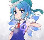  &gt;:) 1girl 9 artist_name blue_eyes blue_hair bow cirno hair_bow hand_gesture ice ice_wings looking_at_viewer mogamiya_honu neck_ribbon number ribbon short_hair solo touhou upper_body wings 