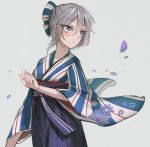  1girl :o absurdres anastasia_(idolmaster) blue_eyes blush bow commentary_request floral_print grey_hair hair_bow hakama highres idolmaster idolmaster_cinderella_girls japanese_clothes kimono looking_to_the_side petals rum_raisin_(chihiromakita19) short_hair solo 