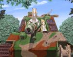  2girls blonde_hair blue_eyes braid caterpillar_tracks clouds ground_vehicle kahis_(sweetbriar) long_hair military military_vehicle motor_vehicle multiple_girls original side_braid sky smile tank tiger_ii tree 