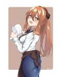  1girl :d apron blush brown_background commentary_request cowboy_shot denim dishwashing from_behind girls_frontline green_eyes hair_ribbon highres jeans long_hair looking_at_viewer looking_back m1903_springfield_(girls_frontline) open_mouth orange_hair pants ponytail ribbon smile solo spicy_moo twitter_username two-tone_background waist_apron white_background 