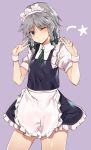  1girl ;) apron asuzemu blue_eyes blue_skirt blue_vest blush bow braid commentary_request cowboy_shot double_v eyebrows_visible_through_hair frilled_apron frills green_bow green_neckwear green_ribbon hair_bow hands_up head_tilt izayoi_sakuya looking_at_viewer maid maid_apron maid_headdress neck_ribbon one_eye_closed petticoat puffy_short_sleeves puffy_sleeves purple_background ribbon short_hair short_sleeves silver_hair simple_background skirt smile solo standing star thighs touhou twin_braids v vest waist_apron white_apron wing_collar wrist_cuffs 