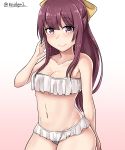  1girl absurdres alternate_costume breasts cleavage collarbone commentary_request frills hair_ribbon hand_in_hair highres kamikaze_(kantai_collection) kantai_collection kiritto long_hair looking_at_viewer medium_breasts navel pink_hair ribbon smile solo swimsuit twitter_username 