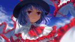  1girl bangs black_hat blue_hair blue_sky capelet closed_mouth clouds day frilled_capelet frills hat highres nagae_iku outdoors pink_eyes red_neckwear short_hair sky solo suna_(s73d) touhou upper_body white_capelet 