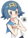  1girl blue_eyes blue_hair blush hairband ixy pokemon pokemon_(game) pokemon_sm sailor_collar shirt short_hair simple_background sleeveless sleeveless_shirt solo spoken_squiggle squiggle suiren_(pokemon) swimsuit swimsuit_under_clothes trial_captain white_background white_shirt 