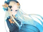  1girl abigail_williams_(fate/grand_order) bangs black_bow black_dress black_hat blonde_hair blue_eyes bow closed_mouth commentary_request dress fate/grand_order fate_(series) forehead hair_bow hand_up hat highres hikiwari_nattou long_hair long_sleeves looking_at_viewer orange_bow parted_bangs polka_dot polka_dot_bow simple_background sleeves_past_fingers sleeves_past_wrists solo twitter_username very_long_hair white_background 