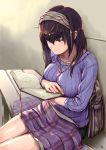  1girl bag bench black_hair blue_eyes blush book breasts commentary_request hairband handbag highres holding holding_book idolmaster idolmaster_cinderella_girls jewelry large_breasts long_hair looking_down merooon necklace reading ribbed_sweater sagisawa_fumika shawl sitting smile solo sweater 