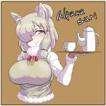  1girl alpaca_ears alpaca_suri_(kemono_friends) animal_ears blonde_hair blush border breasts brown_background character_name closed_mouth cropped_torso cup erect_nipples eyebrows_visible_through_hair fur-trimmed_sleeves fur_collar fur_trim grey_eyes hair_over_one_eye hand_up holding holding_tray horizontal_pupils impossible_clothes kemono_friends large_breasts long_sleeves looking_at_viewer medium_hair neck_ribbon nose_blush parallax05 ribbon shirt simple_background smile solo sweater_vest teapot tray undershirt upper_body white_shirt 