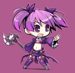  1girl aisha_(elsword) axe chibi elsword eyebrows_visible_through_hair open_mouth purple_background purple_hair purple_legwear purple_skirt sakumo_(karatama) skirt staff twintails violet_eyes void_princess_(elsword) 