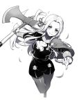  1girl axe bangs breasts cape cravat edelgard_von_hresvelgr_(fire_emblem) fire_emblem:_three_houses forehead greyscale hair_ornament head_tilt holding holding_axe long_hair long_sleeves looking_at_viewer medium_breasts monochrome pantyhose parted_bangs parted_lips ririko_(zhuoyandesailaer) shirt short_shorts shorts simple_background smile solo standing standing_on_one_leg v-shaped_eyebrows very_long_hair white_background 