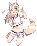  1girl :d animal_ears bangs bare_shoulders black_belt blush cropped_legs dated double_v eyebrows_visible_through_hair fang female fox_ears fox_girl fox_tail green_eyes hands_up light_brown_hair long_hair maze_(gochama_ze_gohan) midriff navel off-shoulder_shirt open_mouth original shirt short_shorts short_sleeves shorts signature simple_background sketch smile solo standing standing_on_one_leg tail tail_raised v white_background white_shirt white_shorts 
