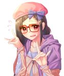 1girl absurdres alternate_costume beret black_hair blush bow commentary_request fate/grand_order fate_(series) hair_ornament hairclip hat hat_bow highres huge_filesize jewelry long_hair looking_at_viewer mkon necklace osakabe-hime_(fate/grand_order) solo sunglasses sweatdrop violet_eyes 