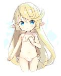  1girl :o bangs bare_arms bare_shoulders bikini blonde_hair blue_eyes blush charlotta_fenia collarbone commentary_request cropped_legs eyebrows_visible_through_hair granblue_fantasy hair_between_eyes hand_up harvin long_hair meito_(maze) parted_lips pointy_ears side-tie_bikini solo swimsuit very_long_hair white_bikini 