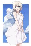  1girl anastasia_(idolmaster) blue_eyes border bracelet clouds commentary_request dress dress_lift grey_hair highres idolmaster idolmaster_cinderella_girls jewelry looking_at_viewer necklace short_hair solo white_border white_dress zyuuyon 