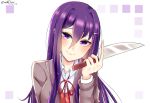  1girl artist_name commentary dated doki_doki_literature_club english_commentary eyebrows_visible_through_hair flow_ech hair_ornament hairclip head_tilt holding holding_knife knife long_hair looking_at_viewer purple_hair school_uniform simple_background smile solo upper_body violet_eyes white_background yuri_(doki_doki_literature_club) 