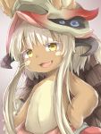  1girl animal_ears blush eyebrows_visible_through_hair fang furry gradient gradient_background helmet highres horns long_hair looking_at_viewer made_in_abyss nanachi_(made_in_abyss) neko_pachi open_mouth smile upper_body white_hair yellow_eyes 