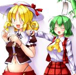  2girls :d ^_^ absurdres aka_tawashi anger_vein ascot bamboo bangle black_neckwear black_panties black_ribbon blonde_hair blush bow bracelet breasts brown_shirt closed_eyes commentary_request crop_top elly frilled_shirt_collar frills green_hair hand_on_another&#039;s_shoulder hat hat_bow highleg highleg_panties highres jewelry kazami_yuuka long_sleeves medium_breasts midriff multiple_girls navel neck_ribbon open_mouth panties plaid plaid_skirt plaid_vest puffy_short_sleeves puffy_sleeves red_bow red_skirt red_vest ribbon shirt short_sleeves simple_background skirt smile stomach touhou touhou_(pc-98) underwear vest white_background white_hat white_shirt wing_collar yellow_neckwear |_| 