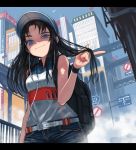  1girl backpack bag bare_shoulders belt black_hair blue_eyes breasts city denim earphones earphones highres jeans long_hair looking_at_viewer original pants smile solo visor_cap window1228 