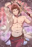  1boy abs adonis_belt argyle argyle_background belt drawing_sword granblue_fantasy highres looking_at_viewer male_focus male_swimwear mazjojo nipples off_shoulder open_mouth parted_lips percival_(granblue_fantasy) red_eyes redhead smile solo swim_trunks swimsuit swimwear tone toned toned_male 