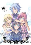  4girls :d ^_^ aqua_(kingdom_hearts) bangs bare_shoulders black_coat black_coat_(kingdom_hearts) black_gloves black_hair blonde_hair blue_eyes blue_hair closed_eyes closed_mouth collarbone covered_collarbone dress eyebrows_visible_through_hair gloves hair_between_eyes hair_over_shoulder hand_on_another&#039;s_head interlocked_fingers kairi_(kingdom_hearts) kingdom_hearts kingdom_hearts_358/2_days kingdom_hearts_birth_by_sleep kingdom_hearts_ii multiple_girls namine open_mouth organization_xiii pink_dress redhead short_hair smile white_dress xion_(kingdom_hearts) yonyon zipper zipper_pull_tab 