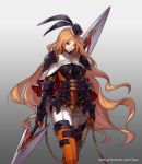  1girl armor black_gloves black_hat boots breasts capelet chains gauntlets gloves gradient gradient_background grey_background hat hat_feather holding holding_chain holding_weapon long_hair looking_at_viewer medium_breasts mini_hat official_art orange_hair orange_legwear pants smile standing thigh-highs thigh_boots very_long_hair vixi_c watermark weapon web_address white_capelet white_pants 