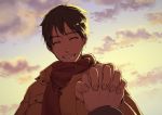  1boy ^_^ black_hair close-up closed_eyes clouds cloudy_sky coat commentary_request day eyebrows_visible_through_hair face fingernails hand_holding hands hands_together happy interlocked_fingers katsuki_yuuri male_focus outdoors pov pov_hands scarf short_hair sky smile sunlight upper_body winter_clothes yuri!!!_on_ice 