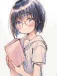  1girl :o bangs black_hair black_neckwear blush book commentary_request eyebrows_visible_through_hair glasses grey_background hair_between_eyes hands_up holding holding_book looking_at_viewer neckerchief original parted_lips sailor_collar school_uniform serafuku shirt short_hair short_sleeves sketch solo usashiro_mani violet_eyes white_sailor_collar white_shirt 