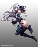  1girl ahoge ass black_legwear breasts clenched_hand full_body gloves gradient gradient_background grey_background hair_ornament leotard long_hair looking_at_viewer official_art small_breasts solo standing tattoo thigh-highs very_long_hair violet_eyes vixi_c watermark web_address 