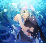  1girl air_bubble bare_arms blue_eyes blue_hair blush bubble earrings fish floating floating_hair full_body gloves happy hatsune_miku highres jewelry long_hair looking_at_viewer open_mouth shirt skirt sleeveless sleeveless_shirt smile solo_focus sparkle star star_earrings sunlight thigh-highs twintails underwater vocaloid water white_shirt yuya_kyoro 