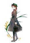  1girl anne_of_green_gables anne_shirley bag blue_eyes boots braid brown_dress brown_footwear carrying_bag dress flower full_body green_hat hat long_sleeves redhead solo sukja twin_braids white_background 