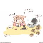  1girl blonde_hair blush check_translation chibi commentary_request eating food food_on_face hair_flaps hair_ornament hair_ribbon hairclip kantai_collection long_hair lowres momoniku_(taretare-13) onigiri remodel_(kantai_collection) ribbon rice_cooker simple_background solid_oval_eyes solo translation_request twitter_username watermark web_address white_background yuudachi_(kantai_collection) 