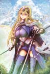  1girl armor awa_(rosemarygarden) bird blonde_hair blue_dress blue_eyes blue_legwear breasts clouds commentary_request dress fate/grand_order fate_(series) headpiece highres jeanne_d&#039;arc_(fate) jeanne_d&#039;arc_(fate)_(all) long_hair polearm short_dress sky smile solo sword thigh-highs very_long_hair waist_cape weapon 