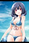  1girl bikini bikini_day blue_bikini blue_sky breasts clouds cloudy_sky collarbone gluteal_fold hair_flaps highres kantai_collection large_breasts looking_at_viewer low_twintails open_mouth outdoors pia_(botamochinjufu) purple_hair red_eyes sarong sky smile solo swimsuit taigei_(kantai_collection) twintails 