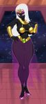  1girl black_skin breasts circlet duck_dodgers egyptian_clothes eyeshadow full_body gold hand_on_hip hand_on_own_chest high_heels highres jewelry large_breasts long_hair looking_at_viewer makeup metal_bra necklace no_mouth queen_tyr&#039;ahnee raised_eyebrow sheer_legwear solo space space_jin thick_thighs thighs vambraces violet_eyes white_hair wide_hips 